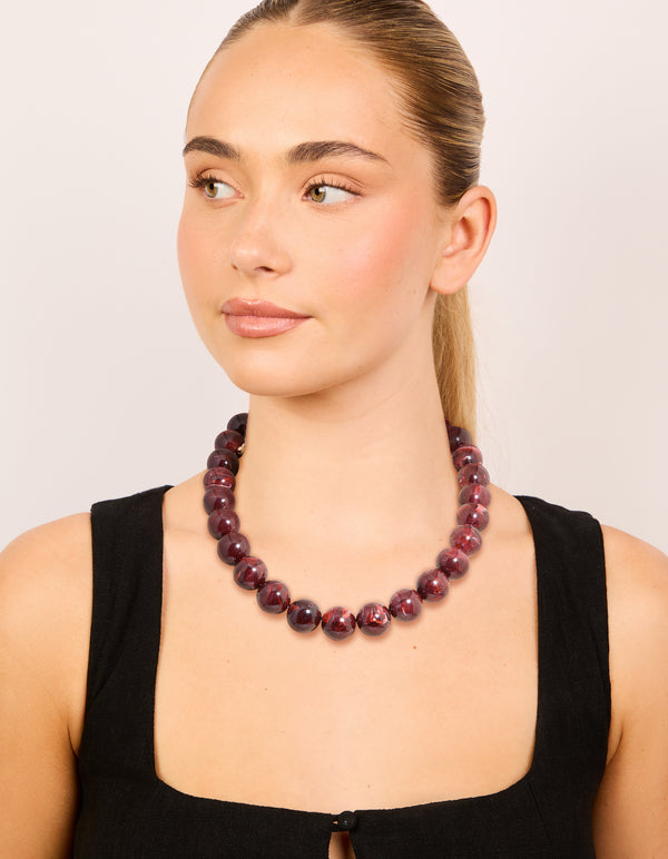 Gold Dark Red Marble Beaded Necklace