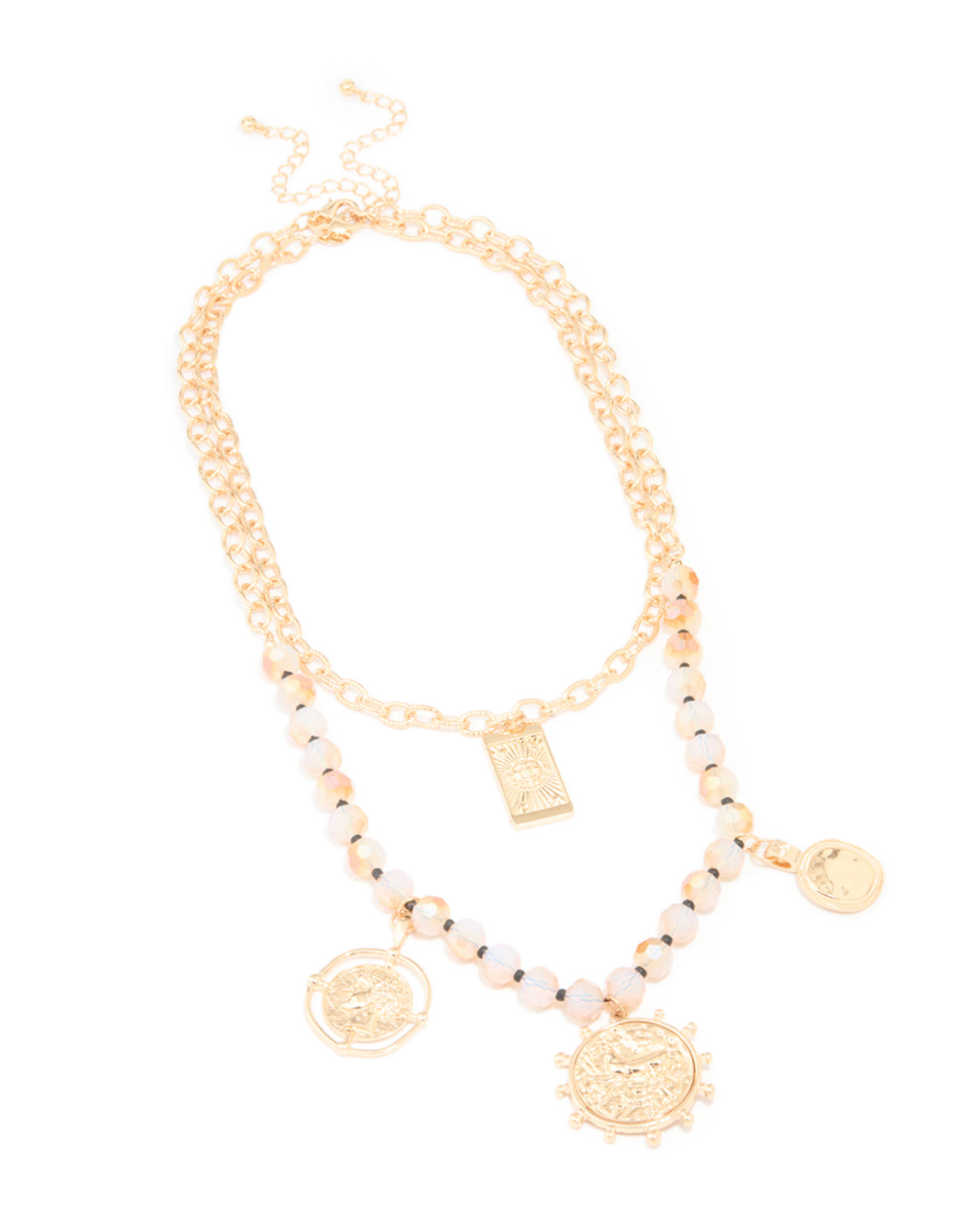 Gold Iridescent Beaded & Disc Charm Layered Necklace