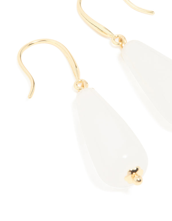 Gold Plated White Jade Sleek Drop Earrings