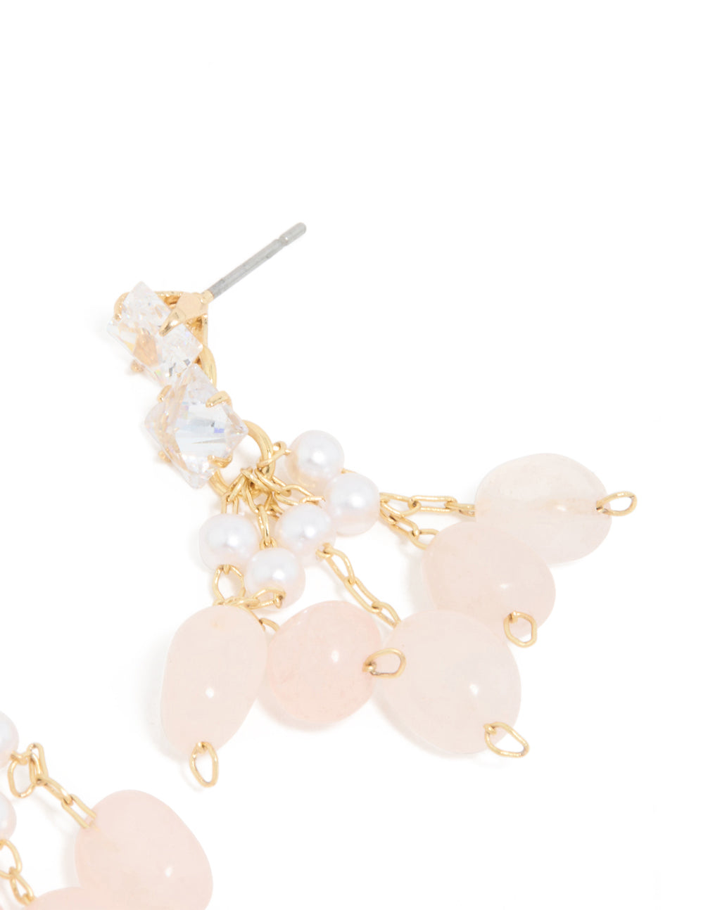 Gold Plated Rose Quartz Chip Cubic Zirconia Drop Earrings