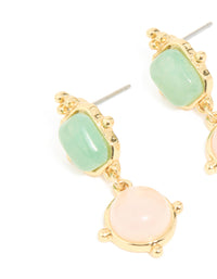 Gold Plated Rose Quartz & Green Semi Precious Stone Detail Outline Drop Earrings - link has visual effect only