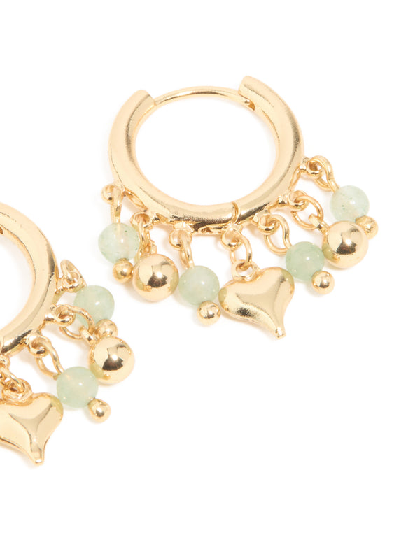 Gold Plated Green Semi Precious Stone Heart Drop Huggie Earrings