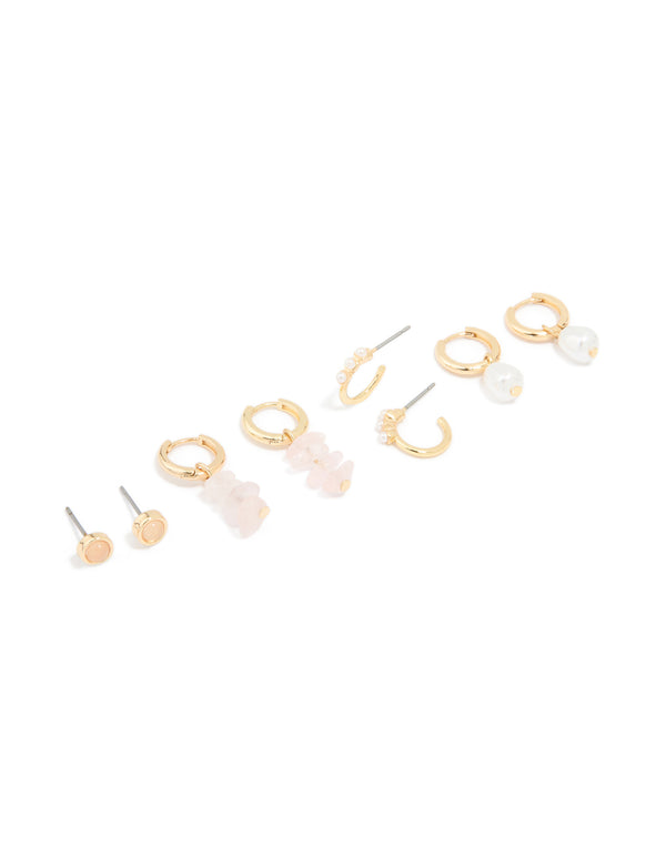 Gold Plated Rose Quartz & Pearl Huggie Earrings 4-Pack