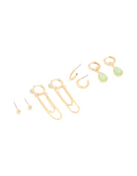Gold Plated Green Semi Precious Stone Huggie Earrings 4-Pack - link has visual effect only