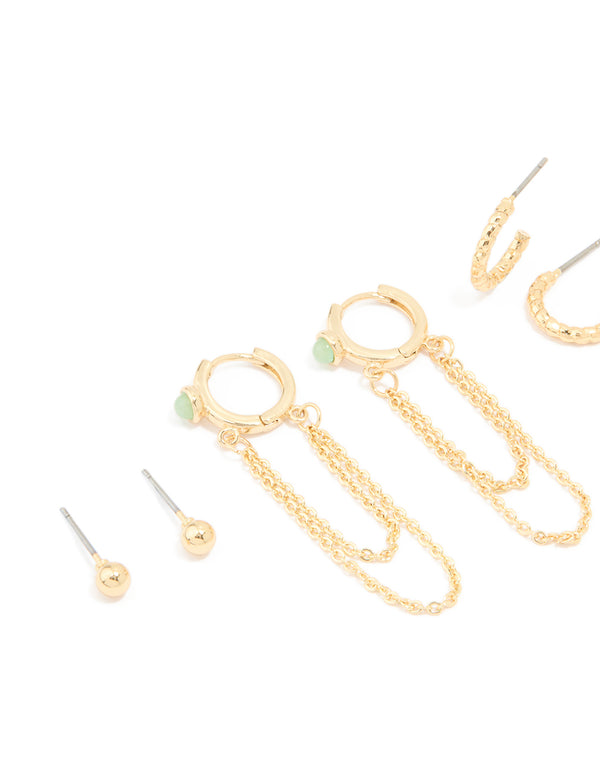 Gold Plated Green Semi Precious Stone Huggie Earrings 4-Pack
