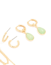 Gold Plated Green Semi Precious Stone Huggie Earrings 4-Pack - link has visual effect only