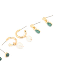 Gold Plated Green Semi Precious Stone & Freshwater Pearl Earrings 4-Pack - link has visual effect only