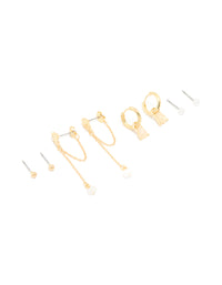 Gold Plated Pink Semi Precious Stone Pearl Stud & Chain Earrings 4-Pack - link has visual effect only