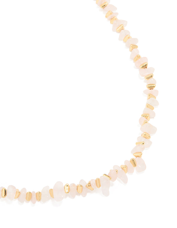 Gold Plated Rose Quartz Chip Triangle Necklace