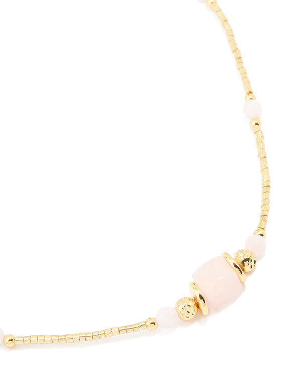 Gold Plated Rose Quartz & Bead Necklace