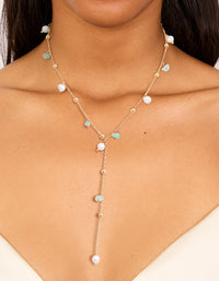 Gold Plated Freshwater Pearl & Green Semi Precious Stone Chip Y-Necklace - link has visual effect only
