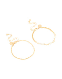Gold Plated Freshwater Pearl Cubic Zirconia & Chain Bracelets 2-Pack - link has visual effect only