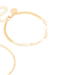 Gold Plated Freshwater Pearl Cubic Zirconia & Chain Bracelets 2-Pack - link has visual effect only