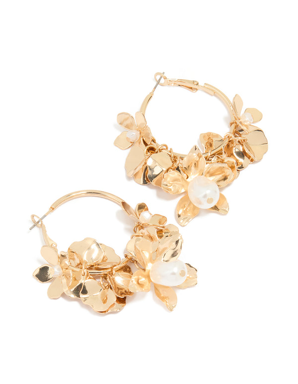 Gold Pearl Flower Cluster Hoop Earrings