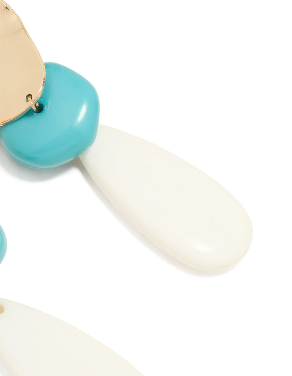 Gold White & Blue Stone Organic Large Drop Earrings