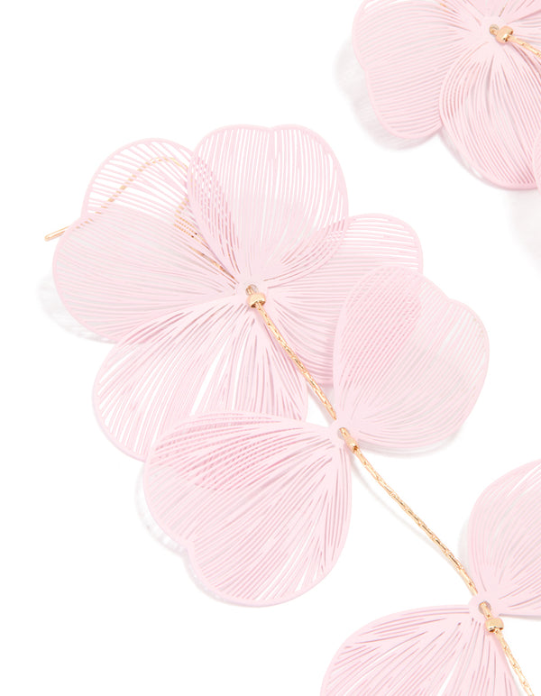 Pink Coated Metal Laser Cut Floral Drop Earrings