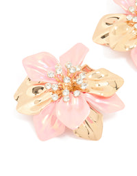 Gold Pink Coated Metal Diamante Flower Earrings - link has visual effect only
