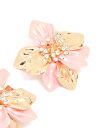 Gold Pink Coated Metal Diamante Flower Earrings - link has visual effect only