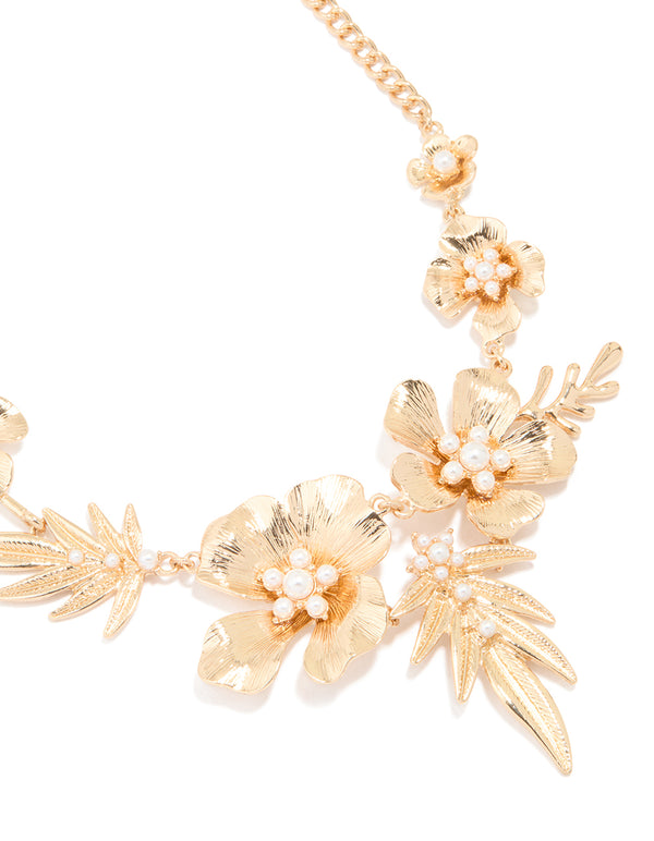 Gold Flower & Leaf Statement Necklace