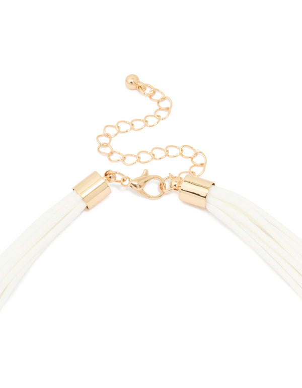 Gold White Enamel Orchid Cord Necklace