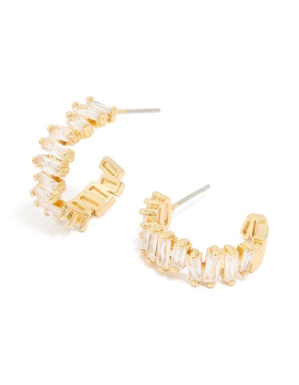 Gold Plated Organic Cubic Zirconia Baguette Hoop Earrings