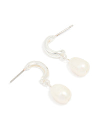 Silver Plated Freshwater Pearl Drop Huggie Earrings - link has visual effect only