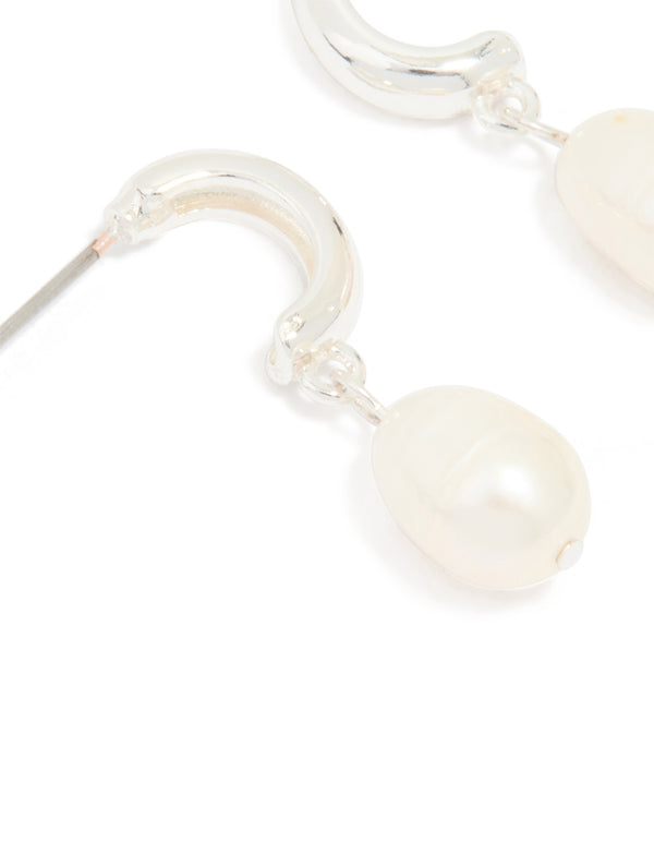 Silver Plated Freshwater Pearl Drop Huggie Earrings