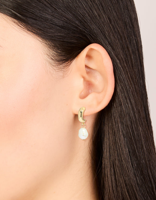 Gold Plated Freshwater Pearl Drop Huggie Earrings