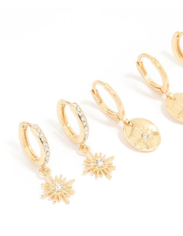 Gold Plated Diamante Celestial Huggie Earrings 3-Pack