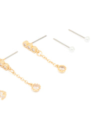 Gold Plated Cubic Zirconia & Dainty Pearl Earrings 4-Pack - link has visual effect only