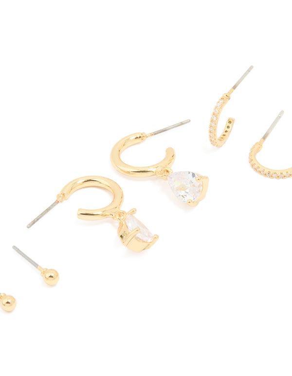 Gold Plated Cubic Zirconia Dainty Stud & Huggie Earrings 4-Pack
