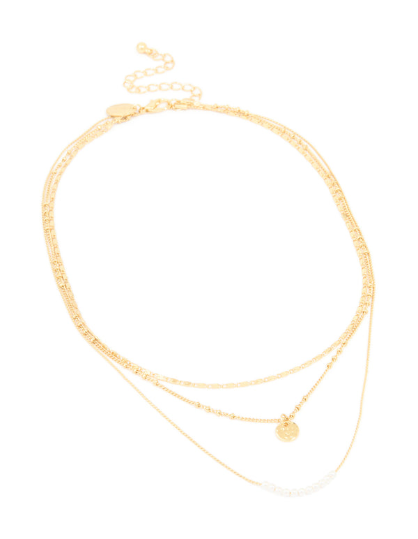 Gold Plated Fine Beaded & Disc Layered Necklace