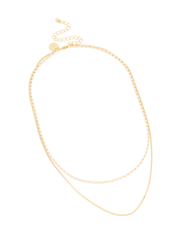 Gold Plated Cubic Zirconia Dainty Baguette Layered Necklace