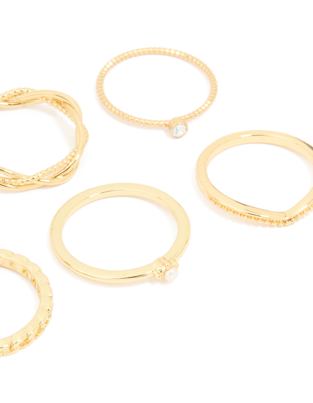 Gold Plated Diamante Twisted V Rings 6-Pack