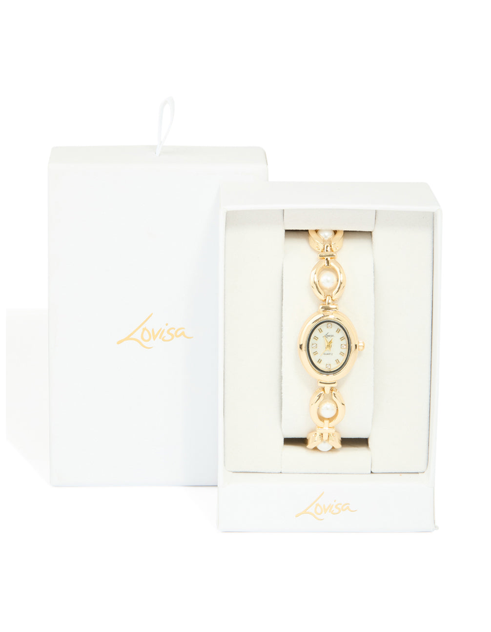 Presenting a pearl embellished charm watch with white dial featuring numbers, casual occasion styling, analog movement, women's link-band bracelet in gold case detail view