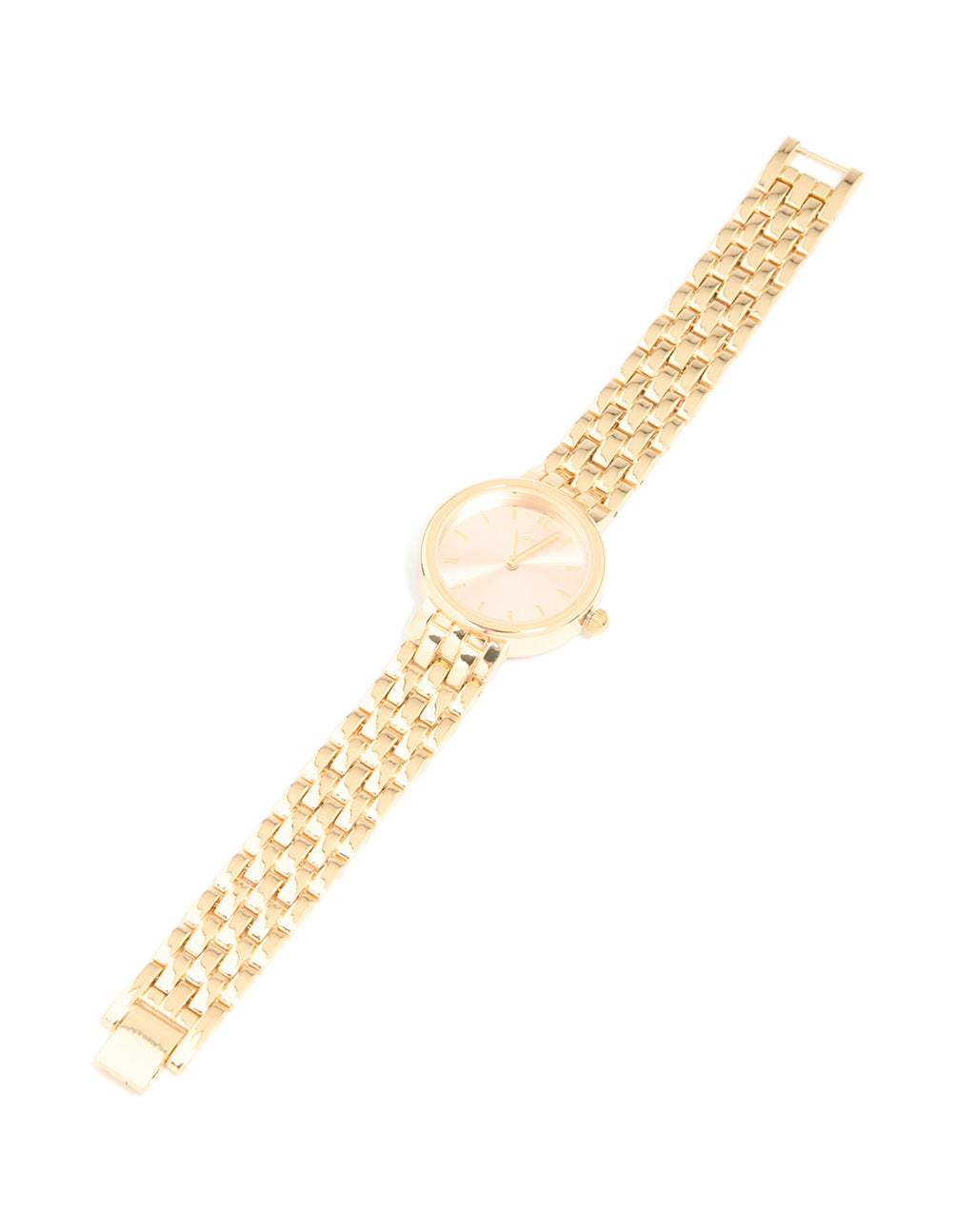Designed with a pink dial round face watch featuring women's casual analog link band in gold strap color front view