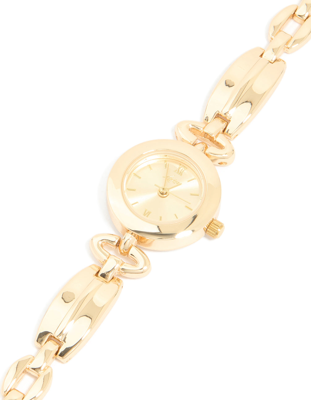 Showcasing a gold small diamante vintage watch featuring gold tone dial, roman numerals, round shape, link band strap designed for women's casual occasions, analog timepiece watch face detail view