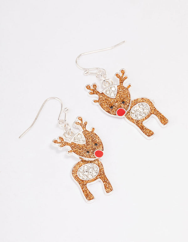 Silver Brown Glitter Red Nosed Reindeer Drop Earrings
