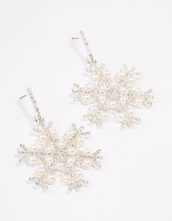Silver Pearl Diamante Snowflake Earrings