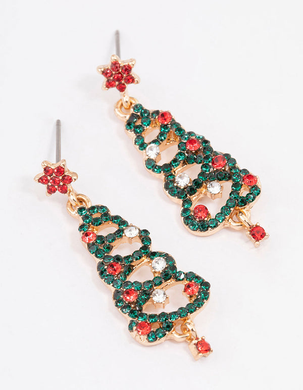 Gold Red & Green Diamante Swirled Festive Tree Earrings