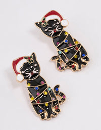 Gold Santa Hat Black Cat Earrings - link has visual effect only