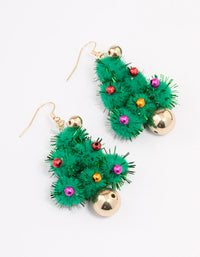 Gold Green Pom Pom Festive Tree Drop Earrings - link has visual effect only
