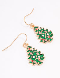 Gold Green Enamel Festive Tree Drop Earrings - link has visual effect only