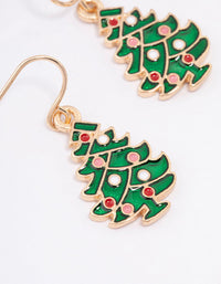 Gold Green Enamel Festive Tree Drop Earrings - link has visual effect only