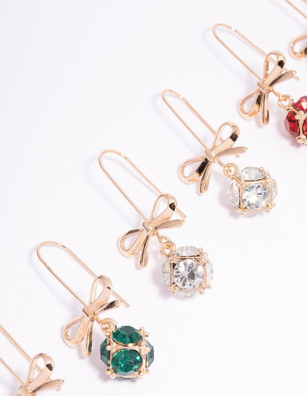 Gold Bow & Multicoloured Diamante Drop Earrings 3-Pack