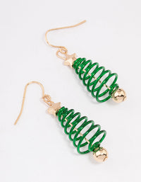 Gold Green Spiral Festive Tree Drop Earrings - link has visual effect only