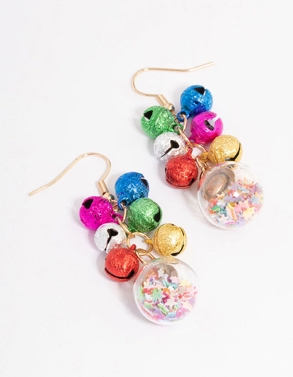 Gold Mulitcoloured Bells & Shaker Drop Earrings