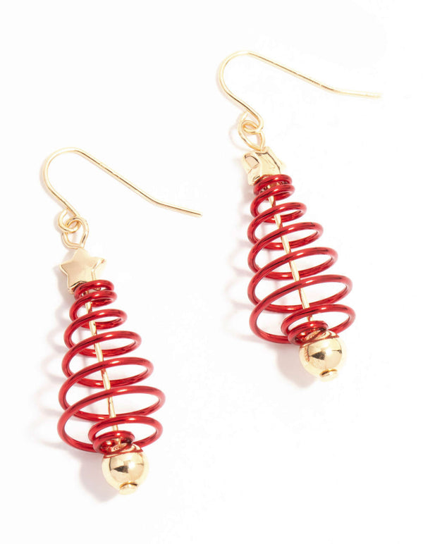 Gold Red Spiral Festive Tree Drop Earrings
