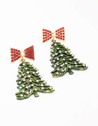 Gold Bow Green Festive Tree Drop Earrings - link has visual effect only