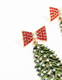 Gold Bow Green Festive Tree Drop Earrings - link has visual effect only